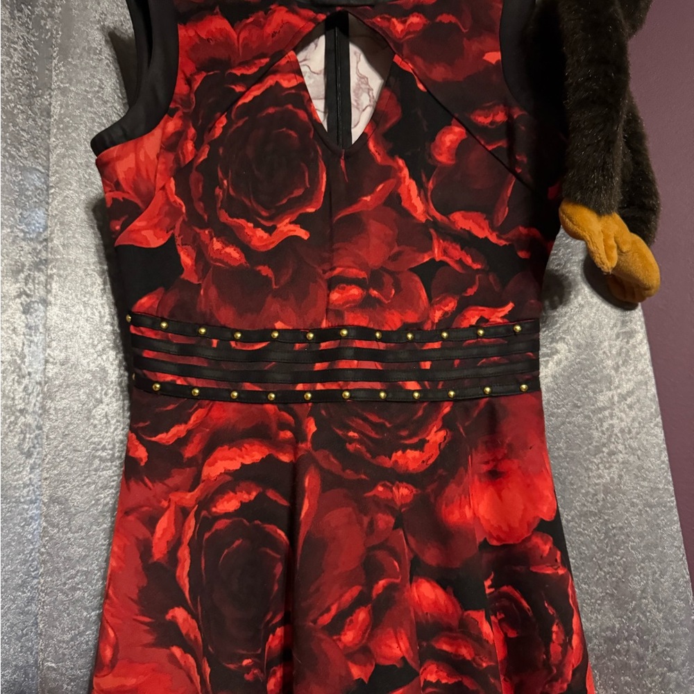 Bisou Bisou Red and Black Floral Fit-and-Flare shirt